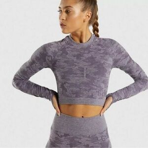 Gymshark Women Adapt Camo Seamless Long Sleeve Crop Top Jacquard Cutout‎ Size S